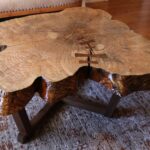 Cross-sectioned ash stump, salvaged from an Indiana horse pasture. Inlaid butterfly keys of walnut, stout base of walnut featuring bridle- and half-lap joints. $4900